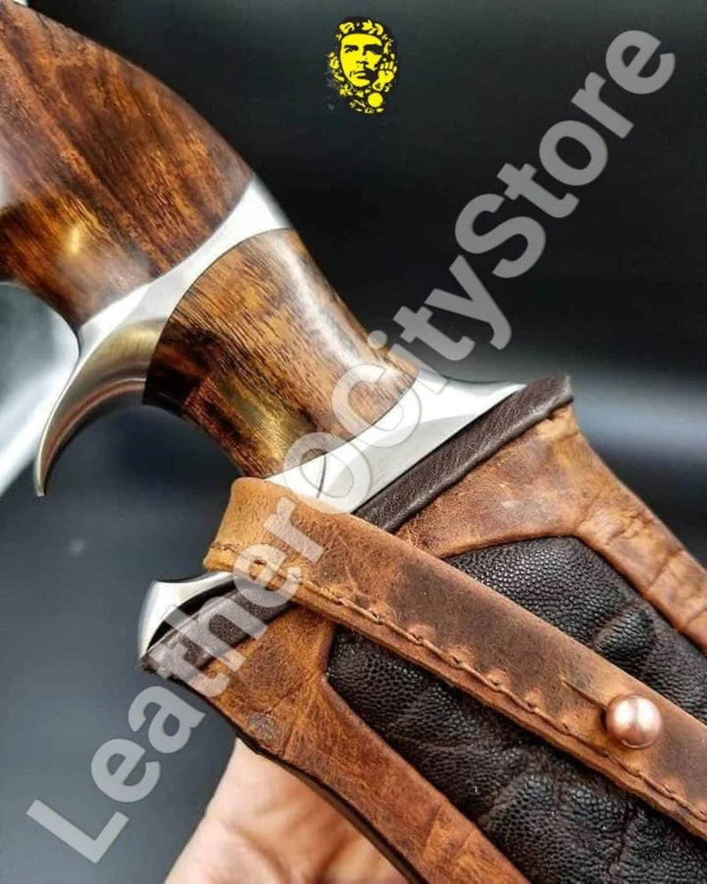 13 Inch Handmade Damascus Steel Hunting knife SUBHILT BOWIE leather Sheath Handle and Clip, Hand forged Damascus knife Non slip walnut