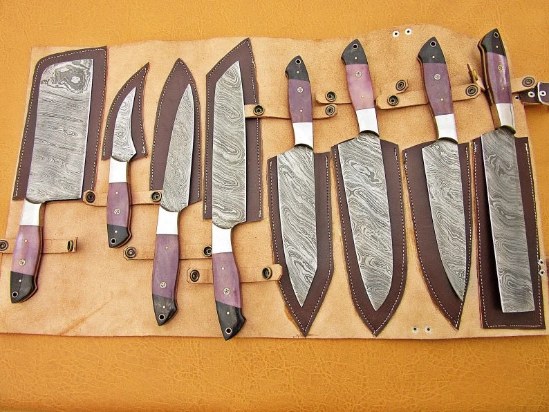 Chef Set of 8pcs with Leather Cover, Kitchen Knife, Damascus Knife Set, Kichen Knives Set Gift for Her Housewarming Gift, Chef Knives