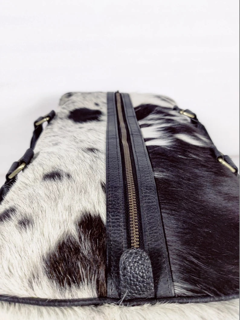 Black And White Cowhide Leather Duffel Bag Large Cow hide Travel Cow Skin Duffel Bag Leather Weekender Gym Bag Overnight Bag