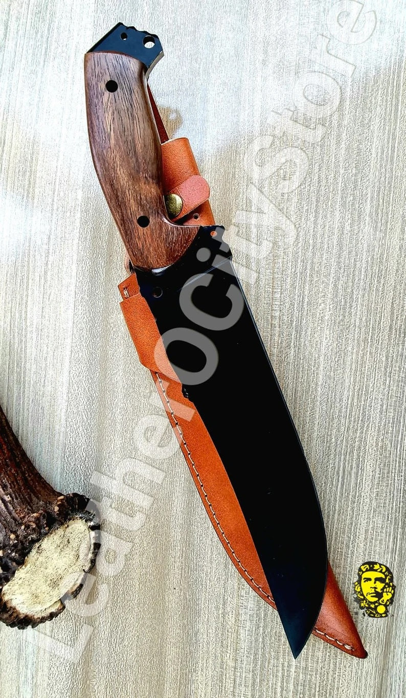 15 Inch Handmade Damascus Carbon Steel TACTICAL FIGHTING Hunting BOWIE Knife and Rose Wood Handle with leather Sheath