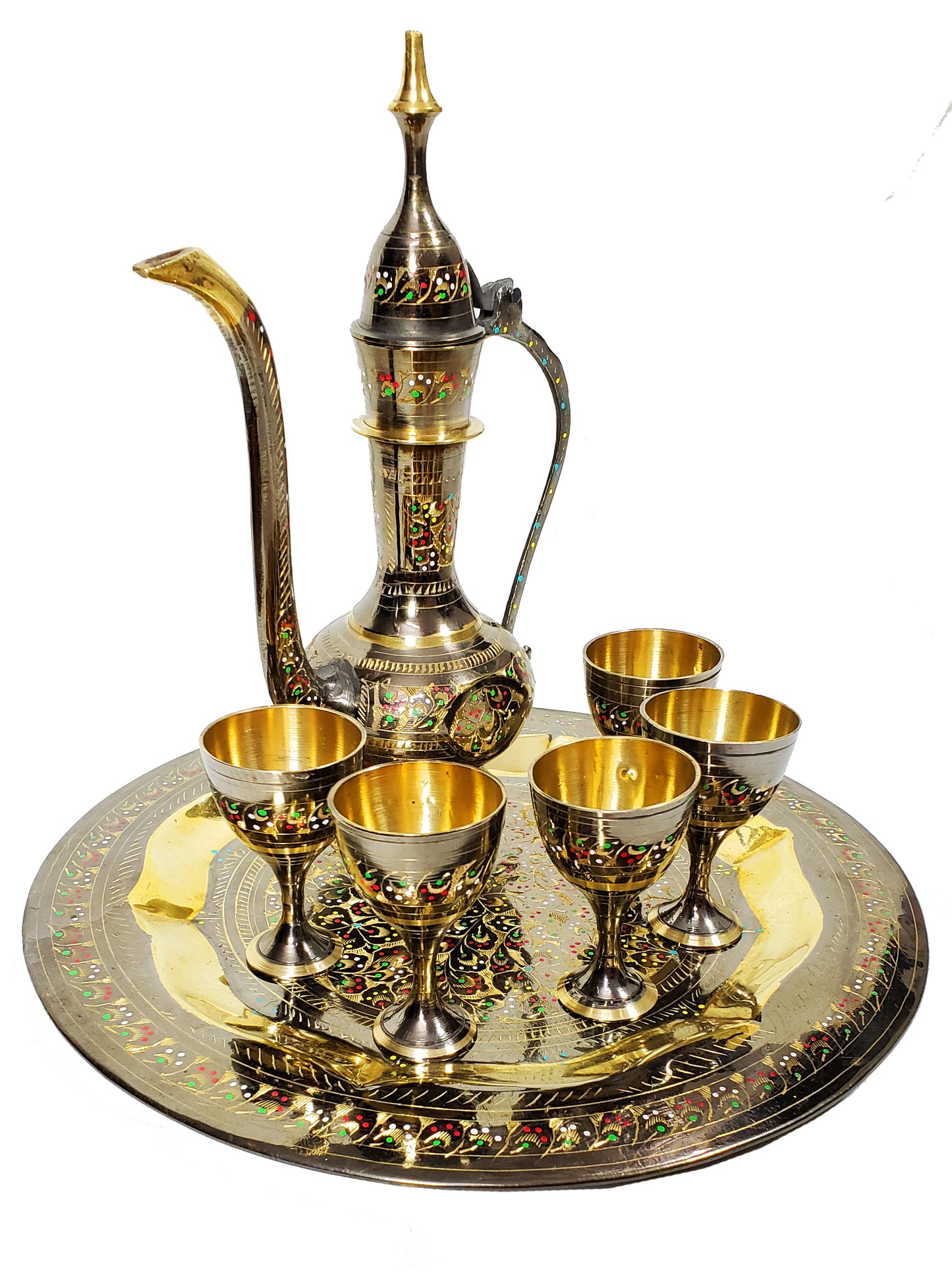 Vintage Antique Style Handmade Brass MOROCCAN Tea Set, Brass Coffee Pot, Matching Brass Cups Goblets, Hand Engraved Polished & Etched