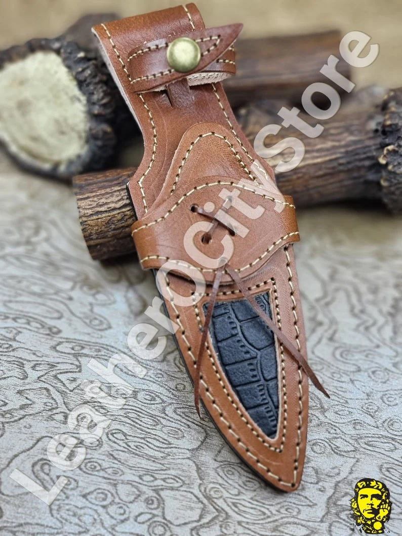 11" Inch Handmade Damascus Steel Hunting knife Handle Deer Antler leather Sheath Handle and Clip, Hand forged Damascus knife Non slip walnut