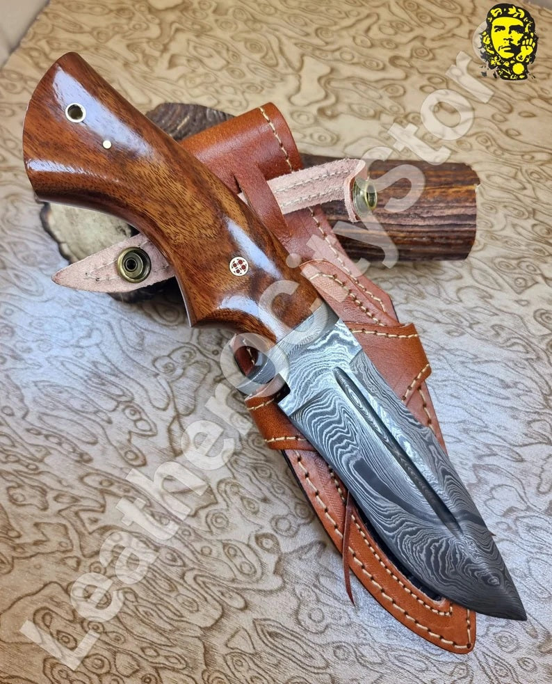 11" Inch Handmade Damascus Steel Hunting knife Handle Deer Antler leather Sheath Handle and Clip, Hand forged Damascus knife Non slip walnut