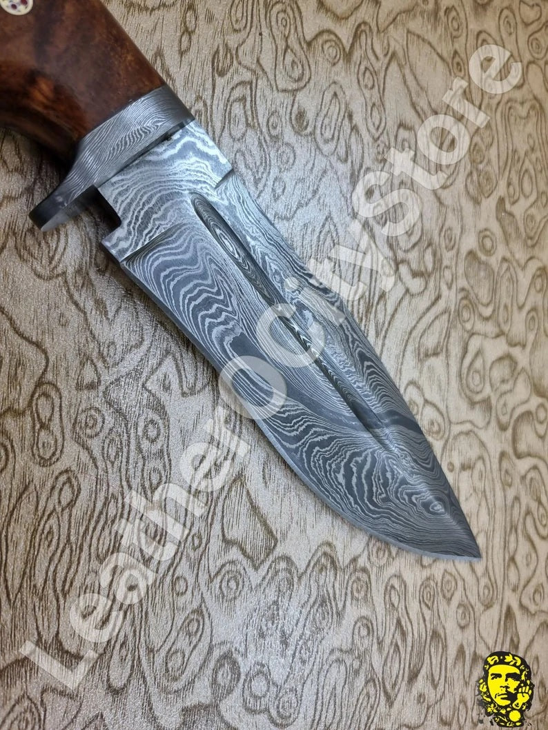 11" Inch Handmade Damascus Steel Hunting knife Handle Deer Antler leather Sheath Handle and Clip, Hand forged Damascus knife Non slip walnut