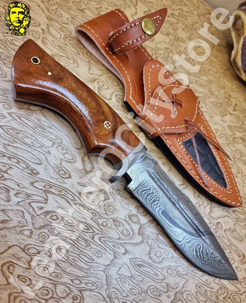 11" Inch Handmade Damascus Steel Hunting knife Handle Deer Antler leather Sheath Handle and Clip, Hand forged Damascus knife Non slip walnut