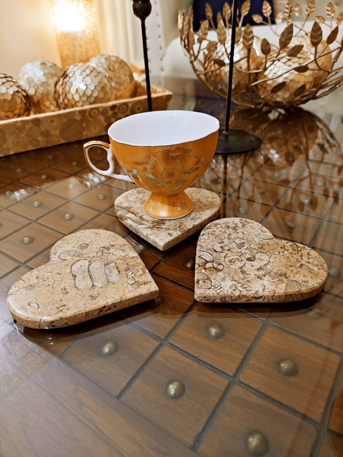 Heart shape Coasters set of 4 Pcs, Coral Marble Beautiful Handmade unique art coasters, Home decor Mother's day gifts,