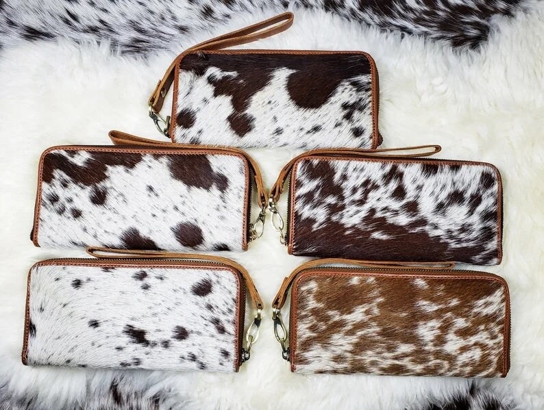 Women Cowhide Wallet Clutch Slim Wallet Zipper Wristlet hair On Leather Zipper Purse Real Cow Hide Fur Purse Wallet Handbag Gifts for Her