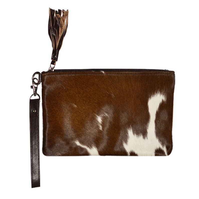 Real Cowhide Clutch Genuine Leather Handmade Wristlet, Zipper and Tassel Clutch, Fur Purse Wallet, Handbag, Organiser for women