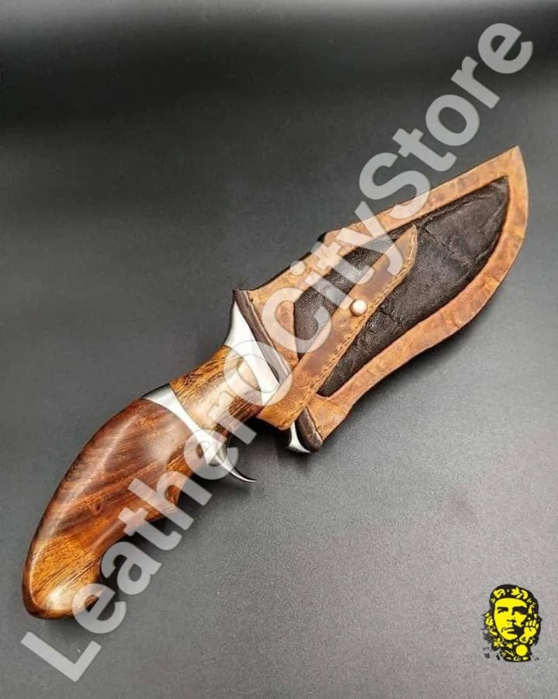 Bowie Knife for Sale: Damascus Steel, Leather Handle & Sheath