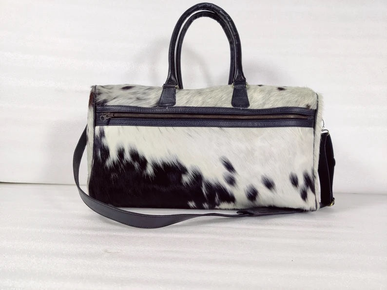 Black And White Cowhide Leather Duffel Bag Large Cow hide Travel Cow Skin Duffel Bag Leather Weekender Gym Bag Overnight Bag