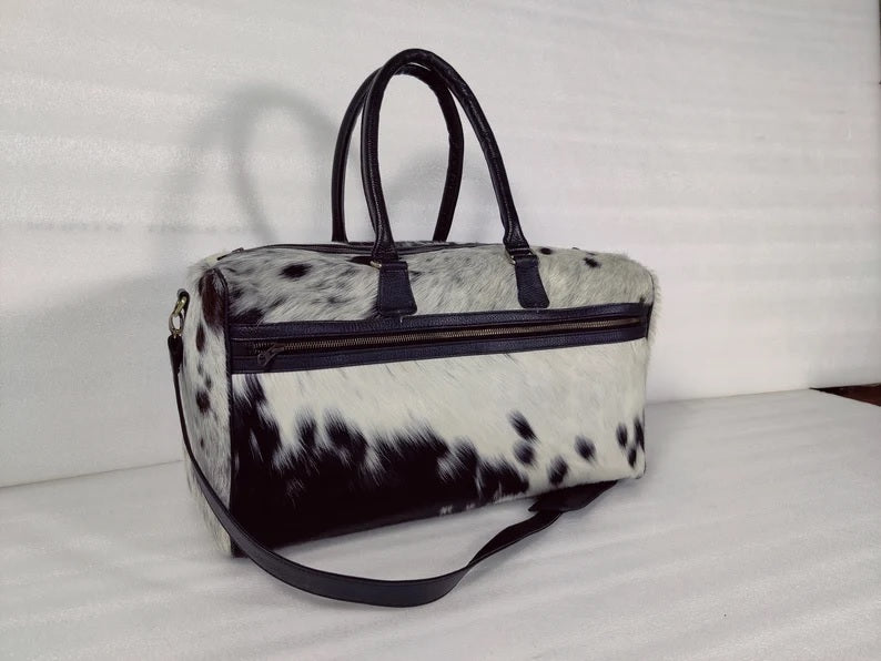 Black And White Cowhide Leather Duffel Bag Large Cow hide Travel Cow Skin Duffel Bag Leather Weekender Gym Bag Overnight Bag