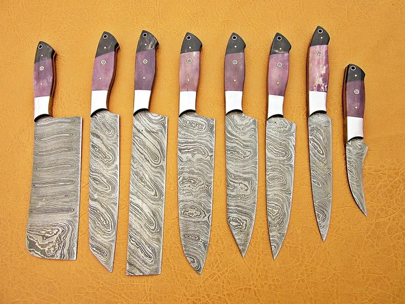 Chef Set of 8pcs with Leather Cover, Kitchen Knife, Damascus Knife Set, Kichen Knives Set Gift for Her Housewarming Gift, Chef Knives