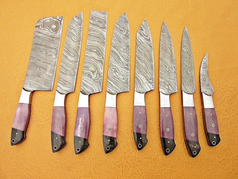 Chef Set of 8pcs with Leather Cover, Kitchen Knife, Damascus Knife Set, Kichen Knives Set Gift for Her Housewarming Gift, Chef Knives