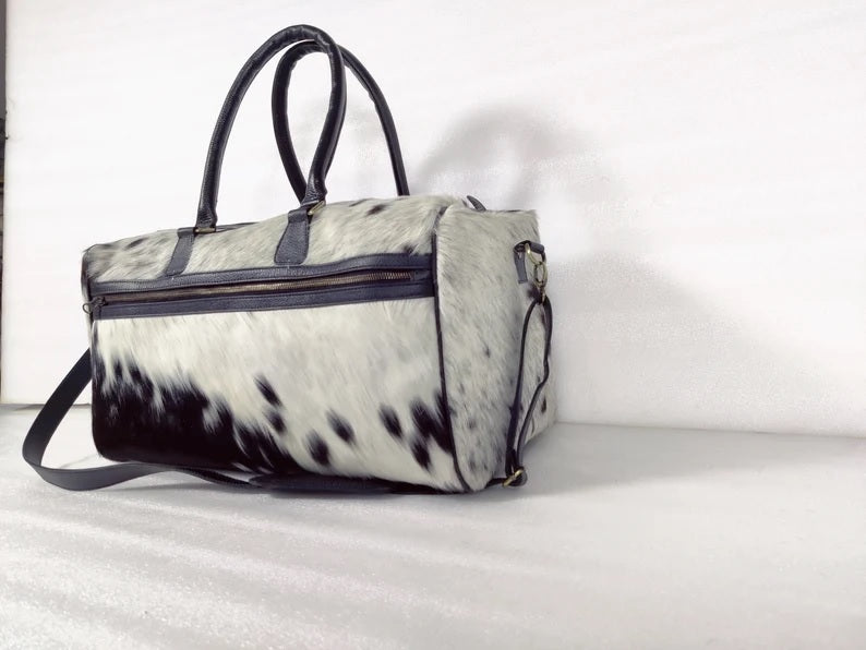 Black And White Cowhide Leather Duffel Bag Large Cow hide Travel Cow Skin Duffel Bag Leather Weekender Gym Bag Overnight Bag