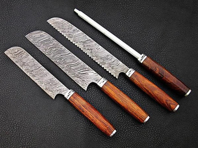 Custom Handmade Chef Knife set Chefs Knives Professional Kitchen 5"pieces Cutlery Cook Cooking Sous Gift for Him Hand Forged Damascus Steel