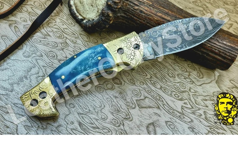 Damascus Pocket Folding Knife Custom Pocket Knife Groomsmen gifts Anniversary Gifts Authentic Damascus Steel Blade Gift for Husband