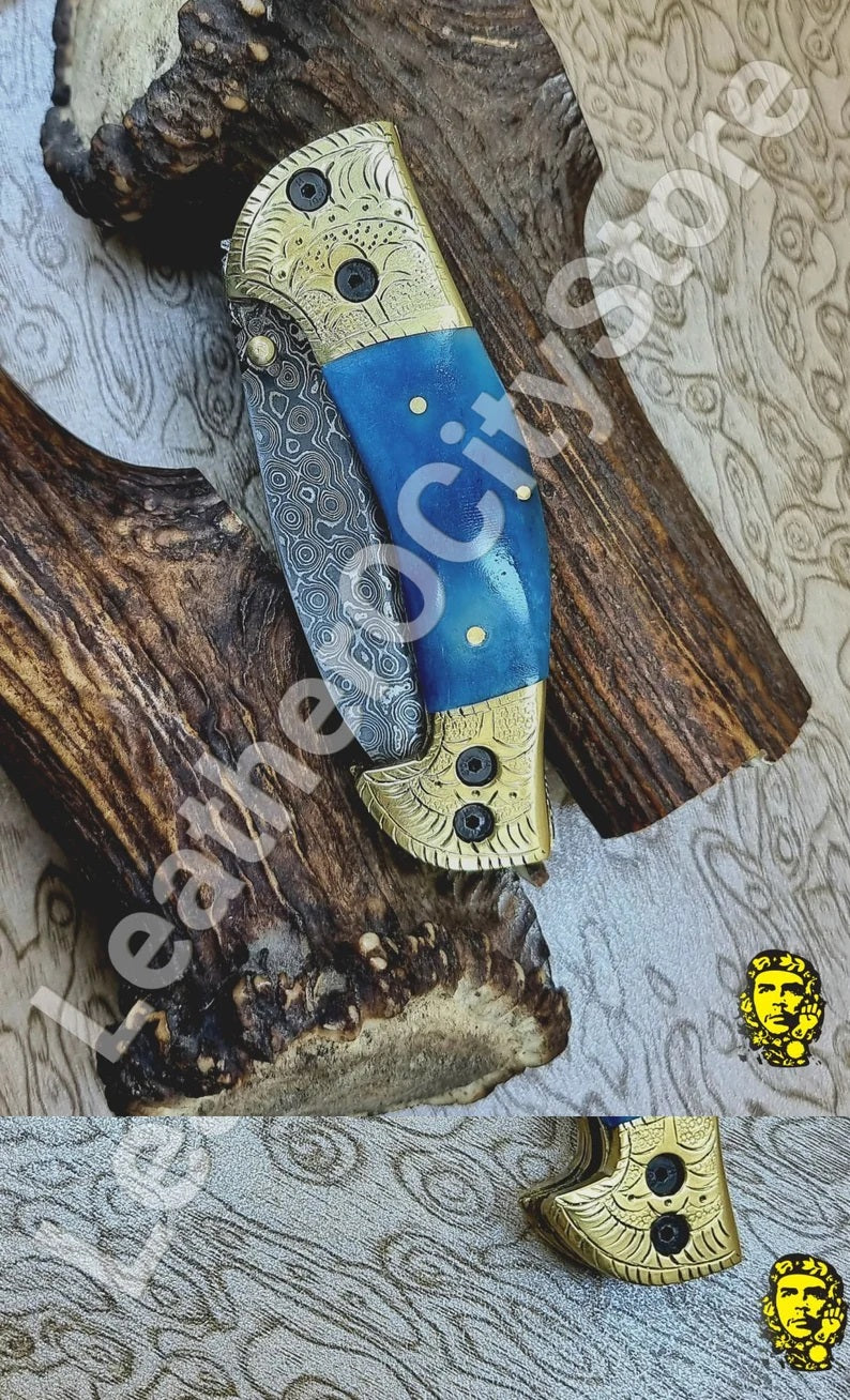 Damascus Pocket Folding Knife Custom Pocket Knife Groomsmen gifts Anniversary Gifts Authentic Damascus Steel Blade Gift for Husband