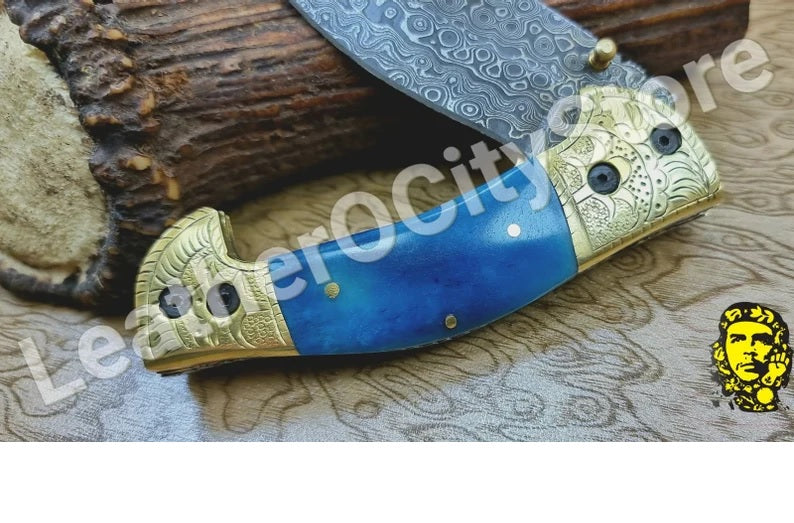 Damascus Pocket Folding Knife Custom Pocket Knife Groomsmen gifts Anniversary Gifts Authentic Damascus Steel Blade Gift for Husband