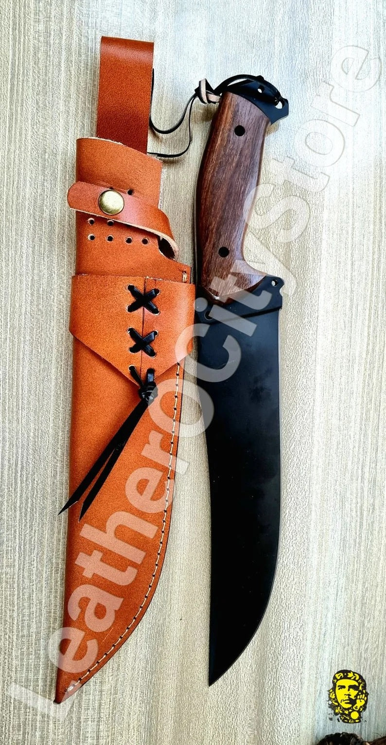 15 Inch Handmade Damascus Carbon Steel TACTICAL FIGHTING Hunting BOWIE Knife and Rose Wood Handle with leather Sheath