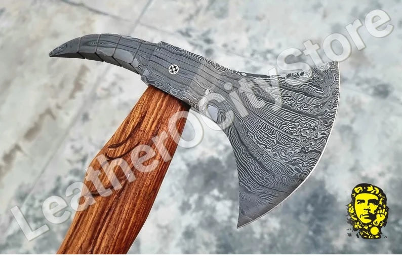 GROOMSMEN GIFT for HIM Forged Damascus Steel functional axe Handmade Stainless Steel Beautiful Handle Handmade Leather Sheath-carved axe