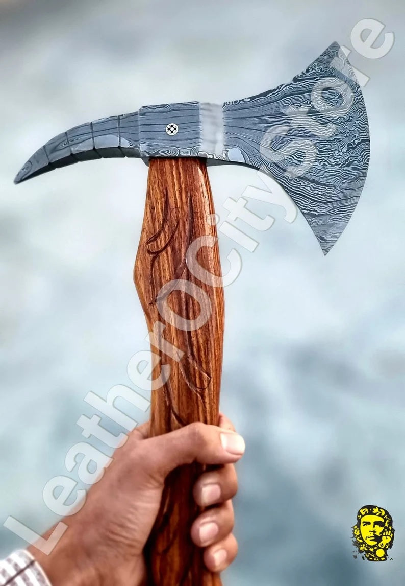 GROOMSMEN GIFT for HIM Forged Damascus Steel functional axe Handmade Stainless Steel Beautiful Handle Handmade Leather Sheath-carved axe