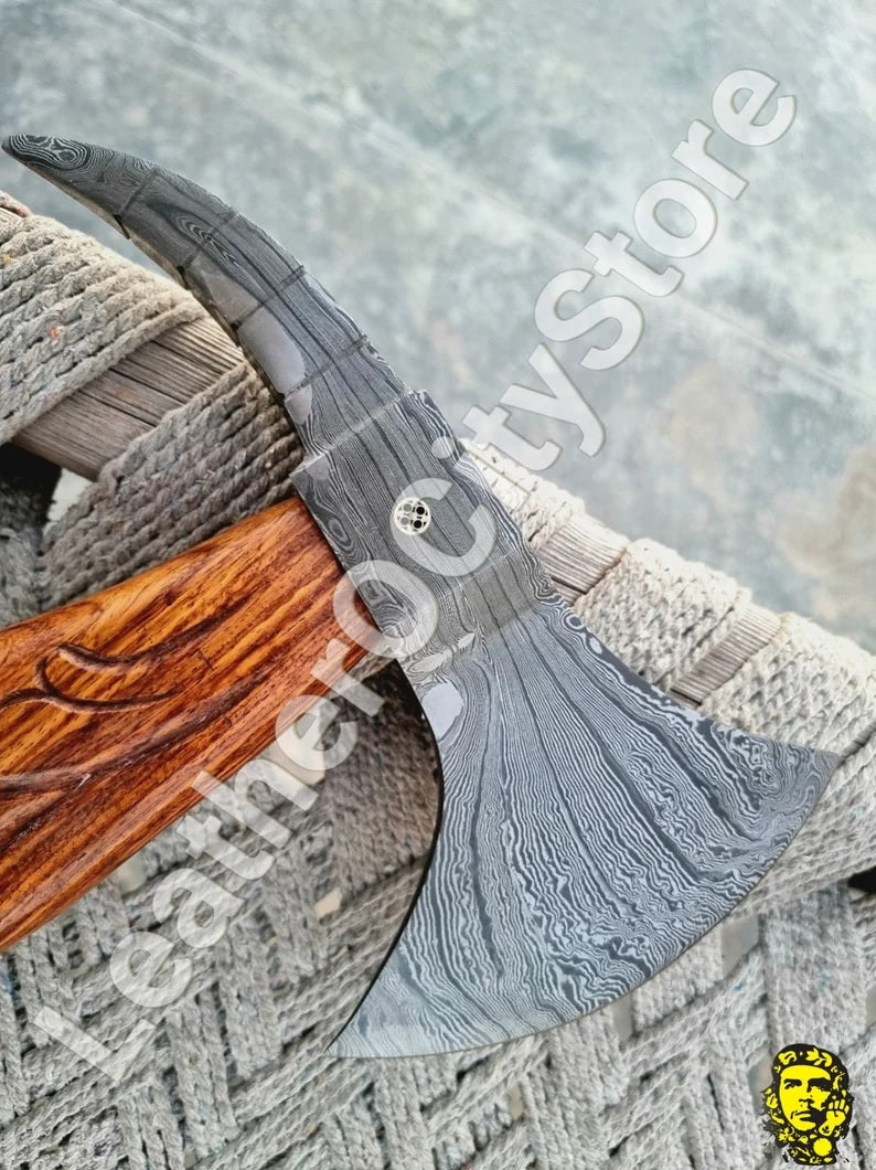 GROOMSMEN GIFT for HIM Forged Damascus Steel functional axe Handmade Stainless Steel Beautiful Handle Handmade Leather Sheath-carved axe