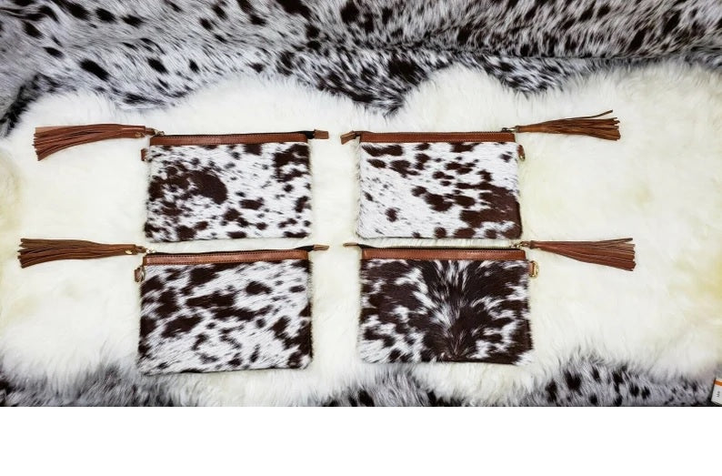 Real Cowhide Clutch Genuine Leather Handmade Wristlet, Zipper and Tassels Clutch, Fur Purse Wallet, Handbag, Organiser for women