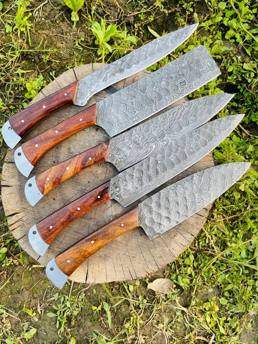 Custom Handmade Chef Knife set Chefs Knives Professional Kitchen 5"pieces Cutlery Cook Cooking Sous Gift for Him Hand Forged Damascus Stee