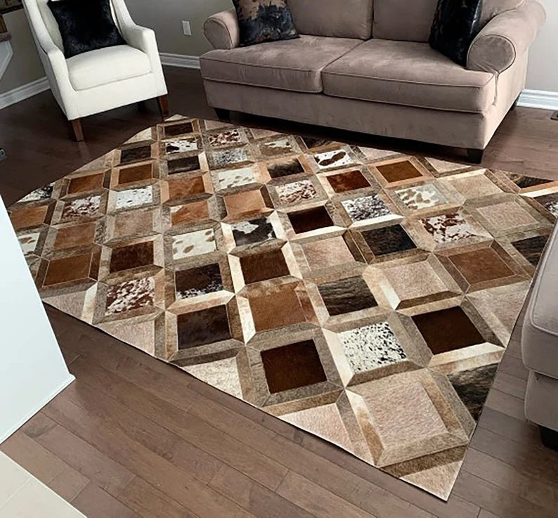 Natural Cowhide Leather Area Rug | Handmade Interior Floor Carpet | Comfy Home Décor Rug | Hairon Leather Patchwork Rug | Hallway Runner custom made