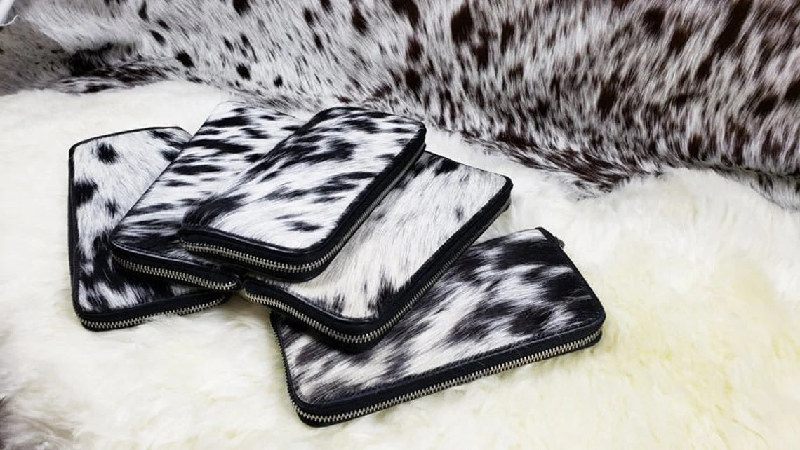 Cowhide Wallets for Women Slim Wallet Bifold Black Leather Zipper Clutch Purse Real Cow Hide Fur Purse Wallet Handbag - Gifts for Her