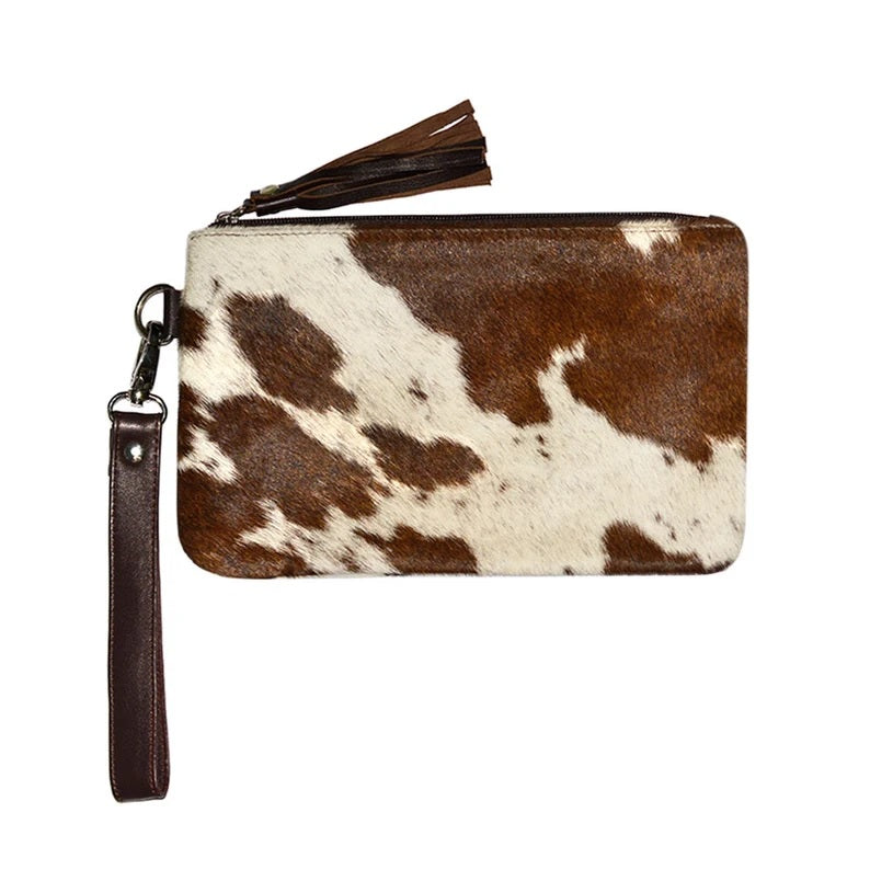 Real Cowhide Clutch Genuine Leather Handmade Wristlet, Zipper and Tassel Clutch, Fur Purse Wallet, Handbag, Organiser for women