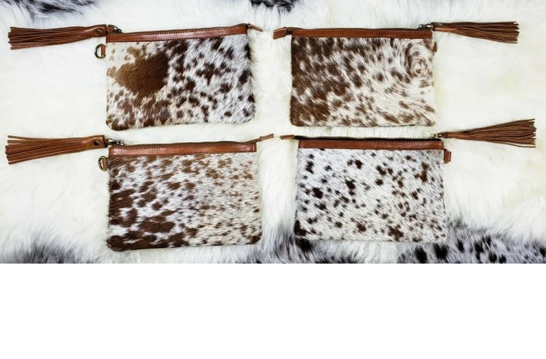 Real Cowhide Clutch Genuine Leather Handmade Wristlet, Zipper and Tassels Clutch, Fur Purse Wallet, Handbag, Organiser for women