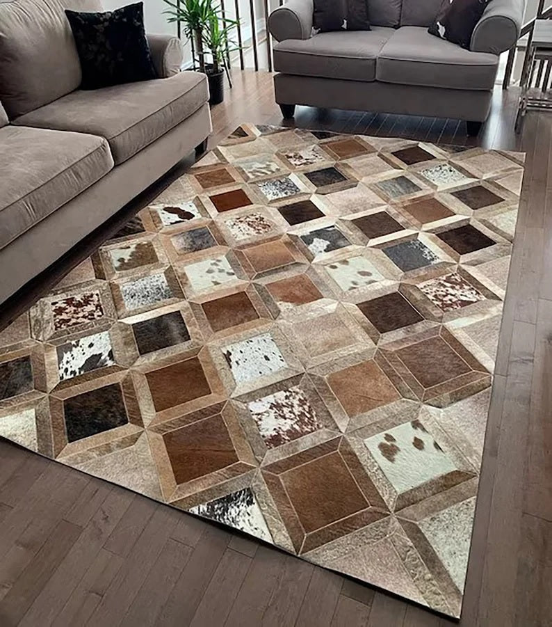 Natural Cowhide Leather Area Rug | Handmade Interior Floor Carpet | Comfy Home Décor Rug | Hairon Leather Patchwork Rug | Hallway Runner custom made