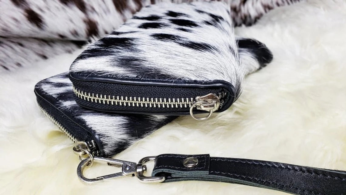 Cowhide Wallets for Women Slim Wallet Bifold Black Leather Zipper Clutch Purse Real Cow Hide Fur Purse Wallet Handbag - Gifts for Her