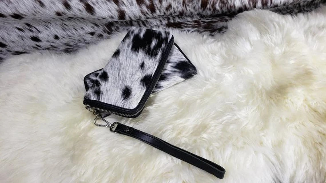 Cowhide Wallets for Women Slim Wallet Bifold Black Leather Zipper Clutch Purse Real Cow Hide Fur Purse Wallet Handbag - Gifts for Her