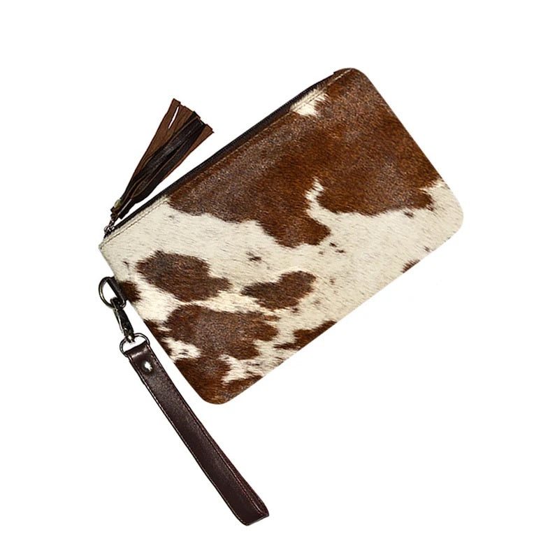 Real Cowhide Clutch Genuine Leather Handmade Wristlet, Zipper and Tassel Clutch, Fur Purse Wallet, Handbag, Organiser for women