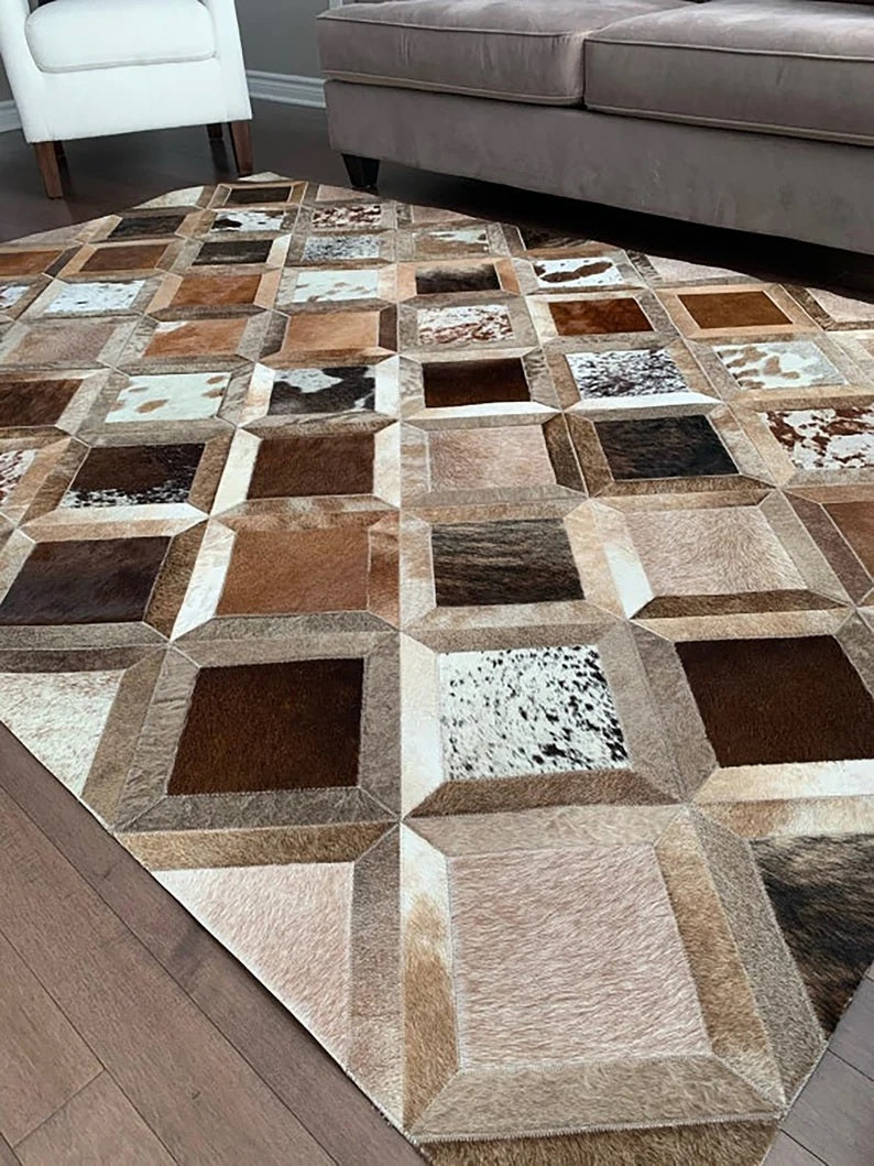 Natural Cowhide Leather Area Rug | Handmade Interior Floor Carpet | Comfy Home Décor Rug | Hairon Leather Patchwork Rug | Hallway Runner custom made