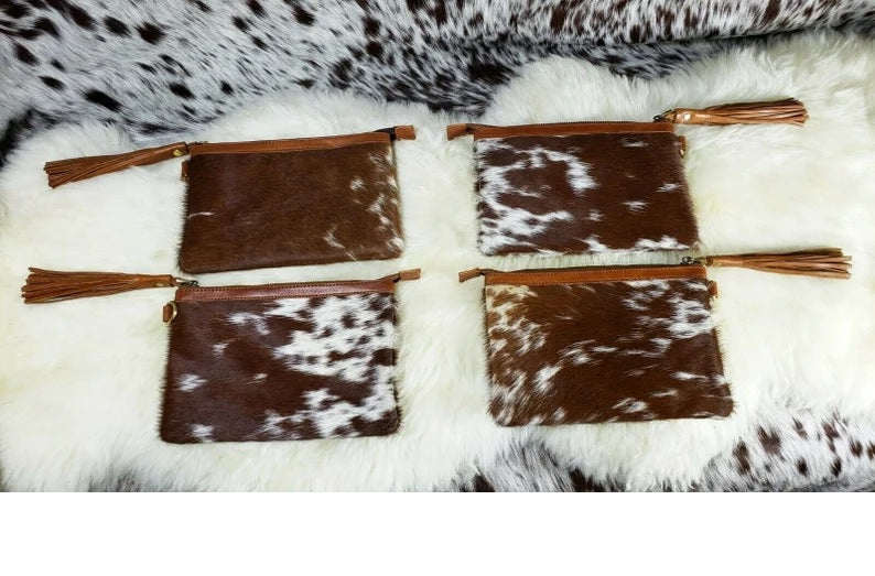 Real Cowhide Clutch Genuine Leather Handmade Wristlet, Zipper and Tassels Clutch, Fur Purse Wallet, Handbag, Organiser for women