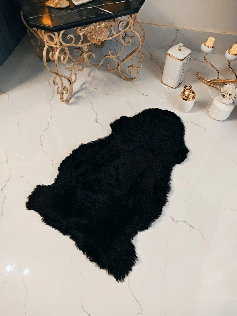 Genuine Real Australian Sheepskin / Lambskin Rug | Sheepskin throw | Chair Cover | Soft and Silky Rug | Black Single Pelt 2x3