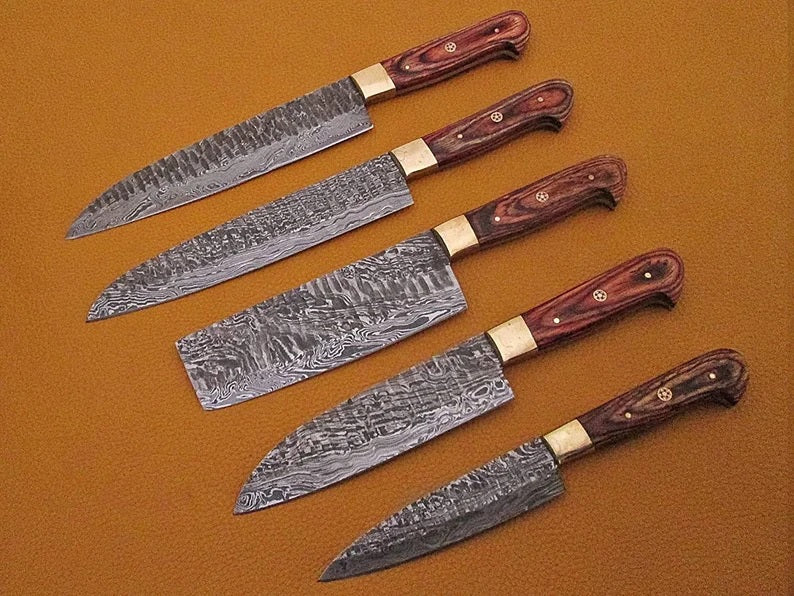 Chef set-Hand forged/handmade damascus steel 5 pcs with leather roll kit-Best gift for wife-Best kitchen knife set-best chef