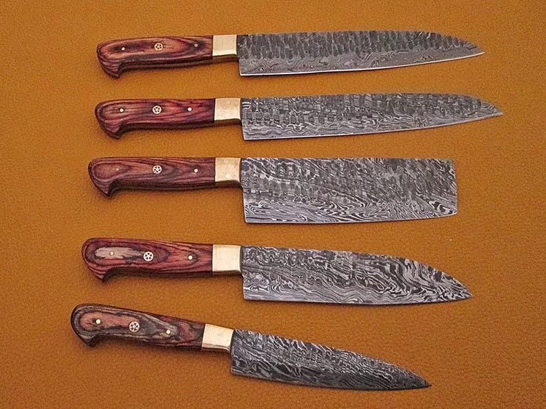 Chef set-Hand forged/handmade damascus steel 5 pcs with leather roll kit-Best gift for wife-Best kitchen knife set-best chef