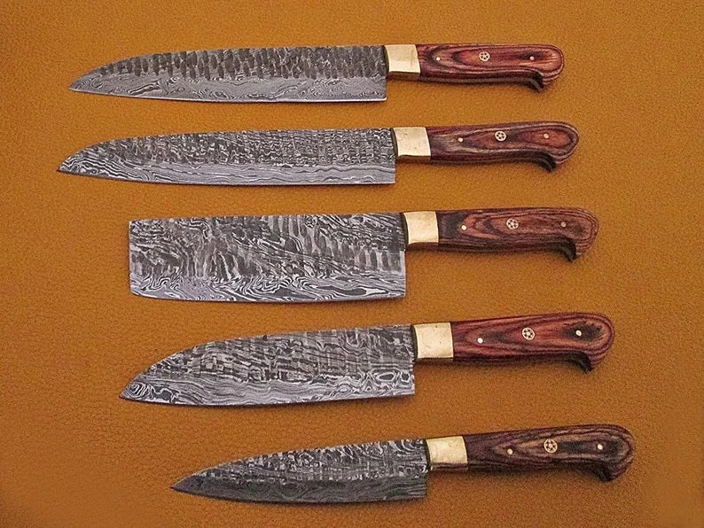 Chef set-Hand forged/handmade damascus steel 5 pcs with leather roll kit-Best gift for wife-Best kitchen knife set-best chef