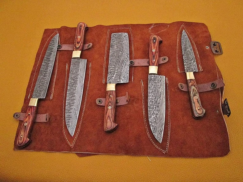 Chef set-Hand forged/handmade damascus steel 5 pcs with leather roll kit-Best gift for wife-Best kitchen knife set-best chef