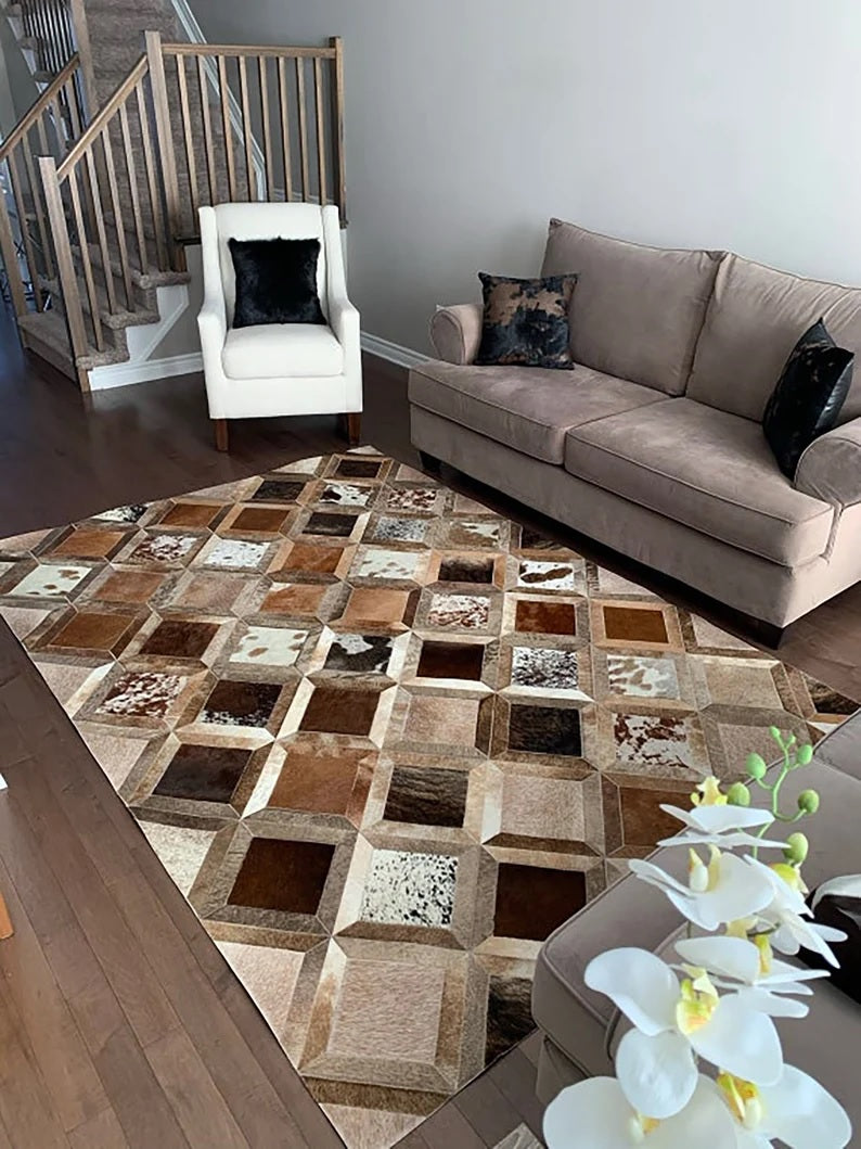 Natural Cowhide Leather Area Rug | Handmade Interior Floor Carpet | Comfy Home Décor Rug | Hairon Leather Patchwork Rug | Hallway Runner custom made