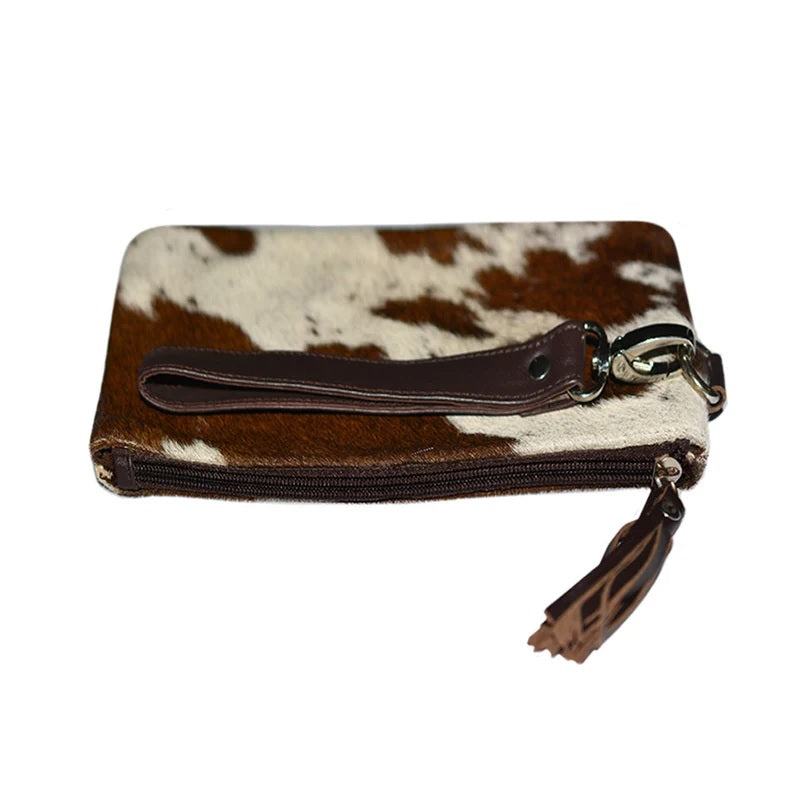 Real Cowhide Clutch Genuine Leather Handmade Wristlet, Zipper and Tassel Clutch, Fur Purse Wallet, Handbag, Organiser for women