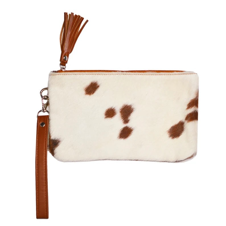 Real Cowhide Clutch Genuine Leather Handmade Wristlet, Zipper and Tassel Clutch, Fur Purse Wallet, Handbag, Organiser for women