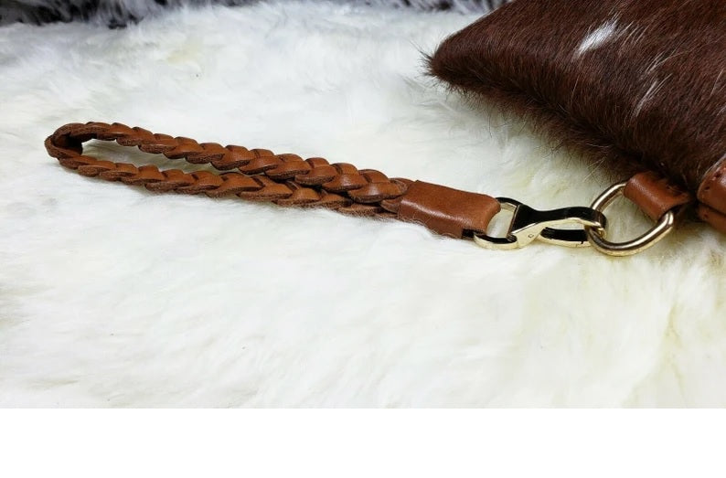 Real Cowhide Clutch Genuine Leather Handmade Wristlet, Zipper and Tassels Clutch, Fur Purse Wallet, Handbag, Organiser for women