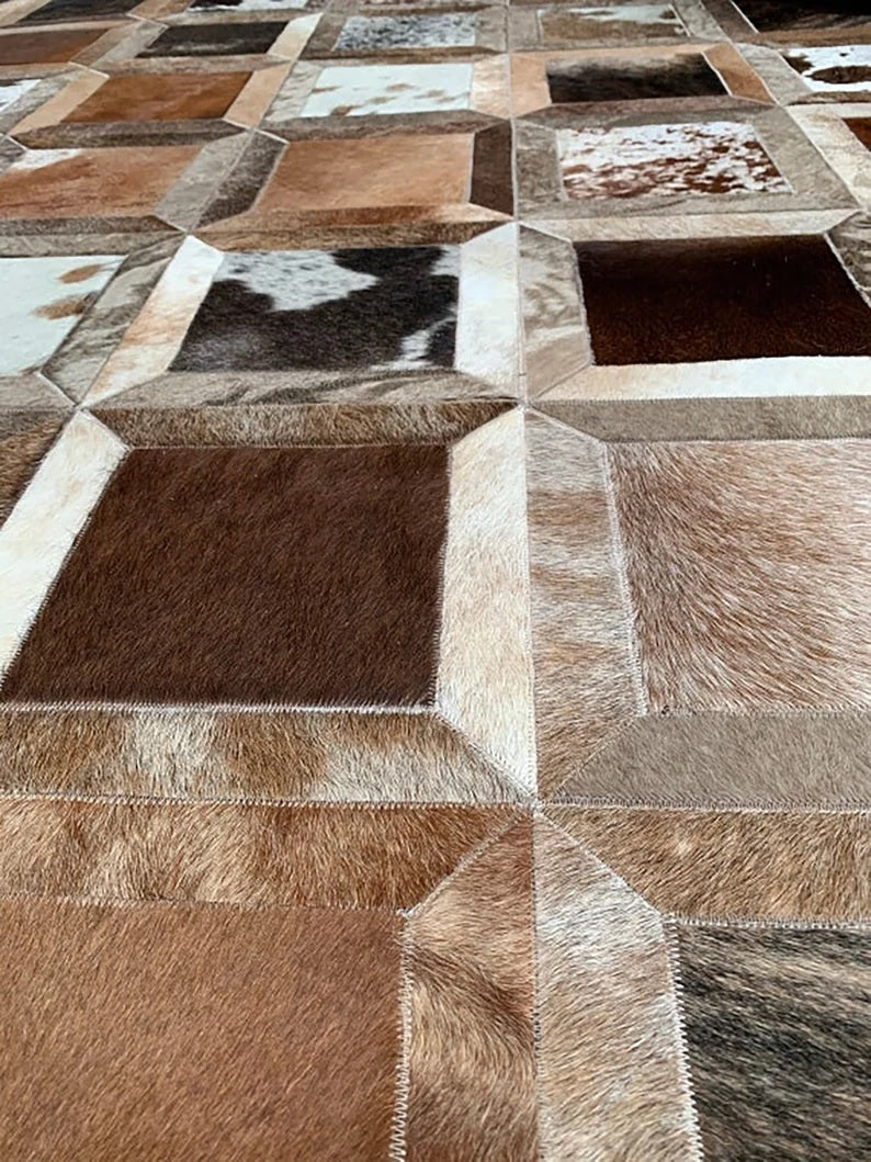 Natural Cowhide Leather Area Rug | Handmade Interior Floor Carpet | Comfy Home Décor Rug | Hairon Leather Patchwork Rug | Hallway Runner custom made