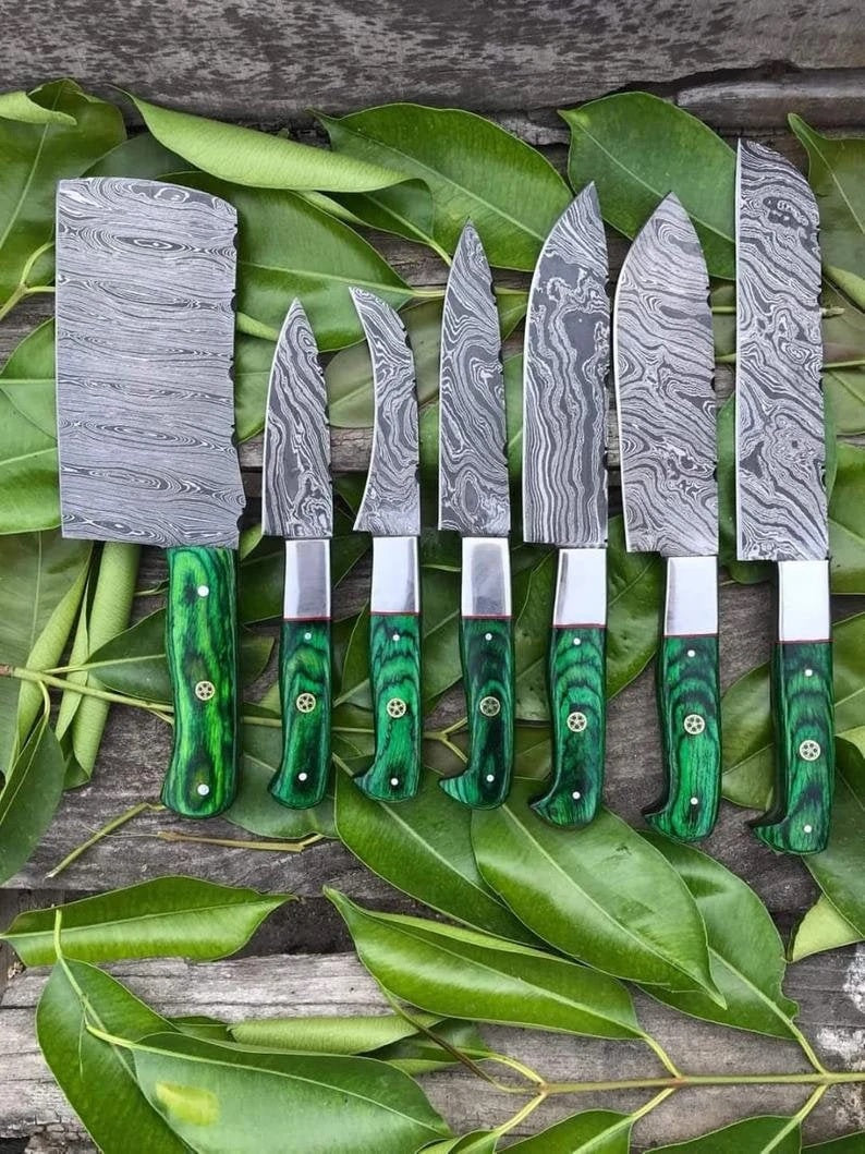 Chef set forged/handmade Damascus steel 7 pcs with leather roll kit-Best gift for wife-Best kitchen knife set-best chef-wife gift-christmas