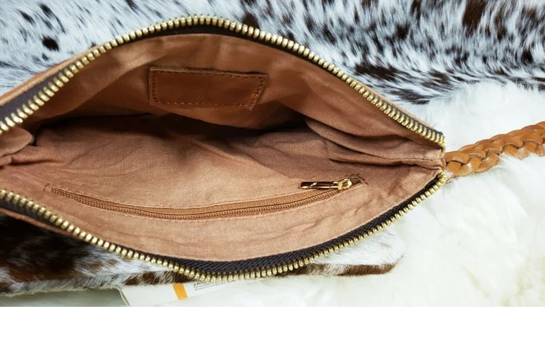 Real Cowhide Clutch Genuine Leather Handmade Wristlet, Zipper and Tassels Clutch, Fur Purse Wallet, Handbag, Organiser for women